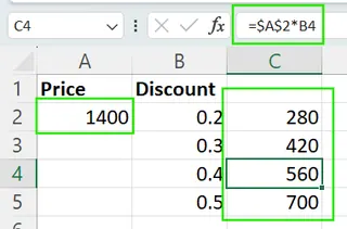 Example of absolute reference in Excel.