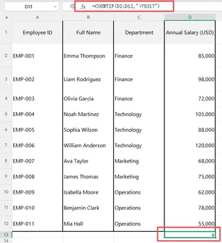 Using COUNTIF to count employees with high salaries in Excel