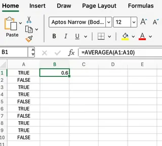AVERAGEA function in Excel example