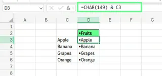 Adding bullets using the CHAR() function in Excel
