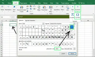 Adding bullets using the Symbol method in Excel
