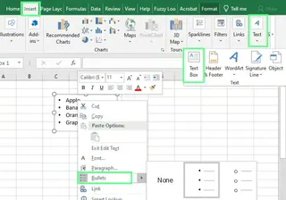 Inserting bullets using a Text box in Excel