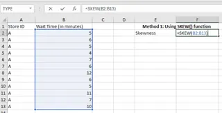 Calculating the skewness using the SKEW function in Excel