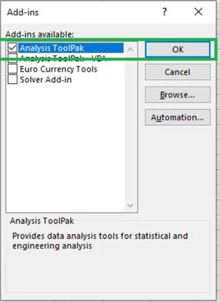 Enabling Data Analysis ToolPak