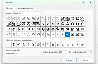 Checkmarks in the Symbol Dialog Box. Character code 2
