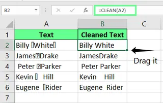 Clean cells using the CLEAN() function in Excel 2