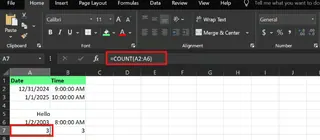 Counting number of date cells with COUNT function in Excel 4