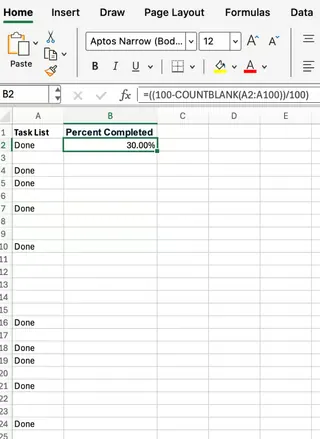 Calculating completion rate with Excel COUNTBLANK 2