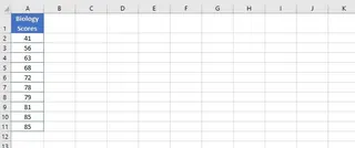 Sample data of student test scores in a single column 1