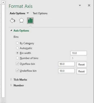 Formatting the axis to adjust bin properties in Excel