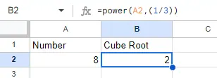 Cube root in excel using the POWER function 1