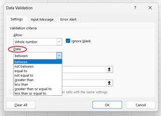 How to select a logical condition to restrict the data range/length for data validation in Excel. 3