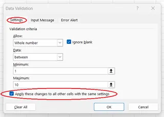 How to apply data validation modifications in Excel to all other cells with the same settings. 7