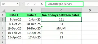 Find days between dates using DATEDIF() function in Excel 3
