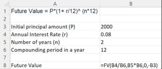 Using the FV function in Excel to calculate future value with monthly compounding.