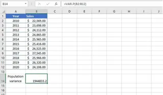 Using the VAR.P function in Excel to calculate population variance. 2