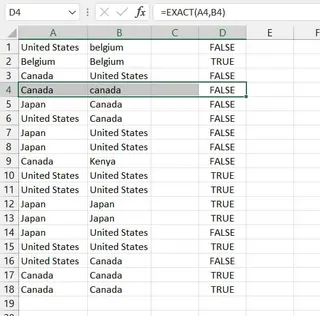 Using the EXACT function for case-sensitive comparison in Excel 2