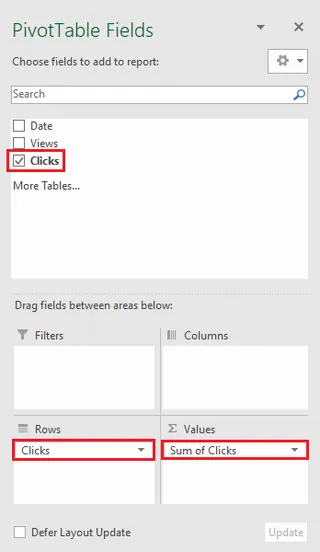 The PivotTable Fields pane in Excel, showing fields being dragged into Rows, Columns, and Values areas.
