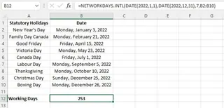 A table showing the NETWORKDAYS.INTL function being used to calculate workdays with custom weekends. 1
