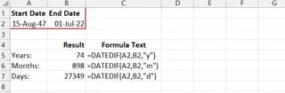 An example of the DATEDIF function calculating the difference in years, months, and days. 2