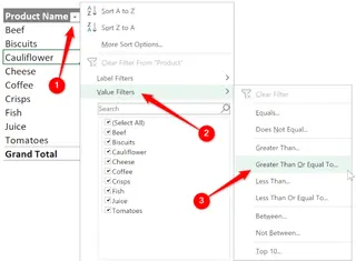 Using the Value Filters menu to apply a numerical condition.