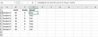 Using a combination of IF and OR functions in Excel to determine pass/fail status. 3