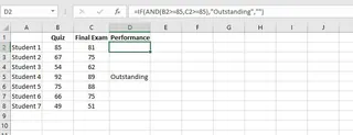 Using a combination of IF and AND functions in Excel to identify outstanding students. 4