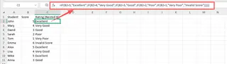 A spreadsheet showing a complex nested IF formula to convert scores to text ratings.