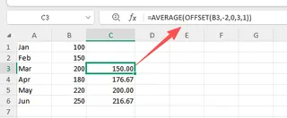 A complex OFFSET formula in an Excel sheet to calculate a moving average