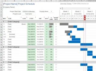 A typical project management template in Excel, showing tasks, start/end dates, and a timeline.