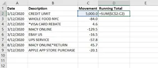 Excel SUM formula with mixed reference for a running total