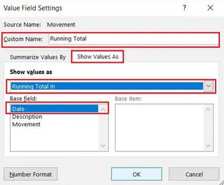 Using Pivot Table Value Field Settings to create a running total