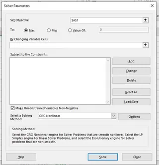 Excel Solver Parameters dialog box