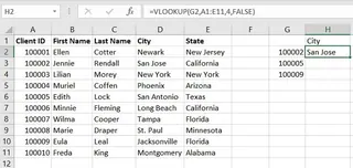 The VLOOKUP formula written in the formula bar to find the city.