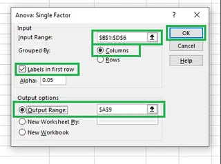 Filling details for Anova: Single Factor. 8