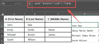 A simple formula using the ampersand to combine first and last names. 1