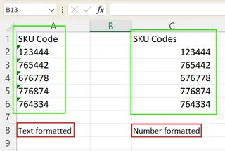 Text-formatted numbers align left in Excel. 1