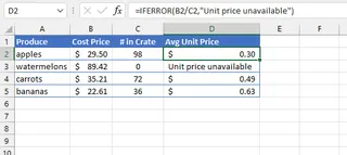 Example of using the IFERROR function in Excel to handle division by zero errors.