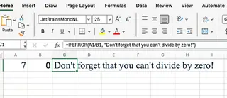 Excel IFERROR avoids divide by zero 1