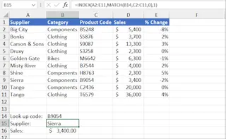 An example of INDEX/MATCH being used to find a product code.