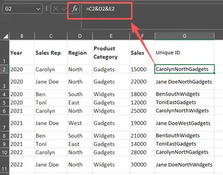 An Excel sheet showing a helper column that concatenates multiple fields to create a unique ID for VLOOKUP.