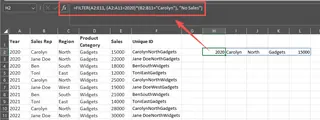 The FILTER function in Excel being used with multiple criteria to return a dynamic array of results.