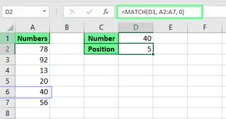Finding the position of a number using the MATCH function in Excel. 2