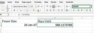 Excel NOW() function to find days in between a date 1