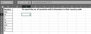 A COUNTIF formula using question mark wildcards to count cells with exactly three characters.