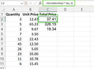 ROUNDUP in Excel after multiplying two columns 4