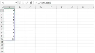 A simple vertical list of numbers from 1 to 10 generated by the SEQUENCE function in Excel.
