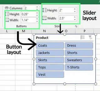 Changing the width and height of the slicer and its button in Excel 10