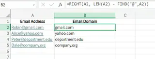 Extract the domain name using RIGHT, LEN, and FIND. 11