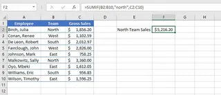 A table showing sales data by region, with a SUMIF formula calculating the total for the 